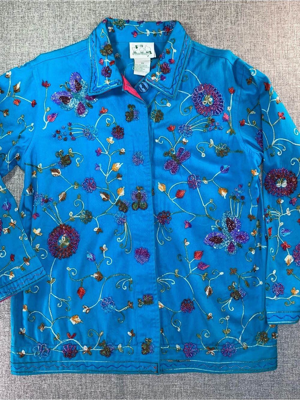 The Quaker Factory Embroidered Blue Jacket Blazer Butterfly's Flowers Size XS